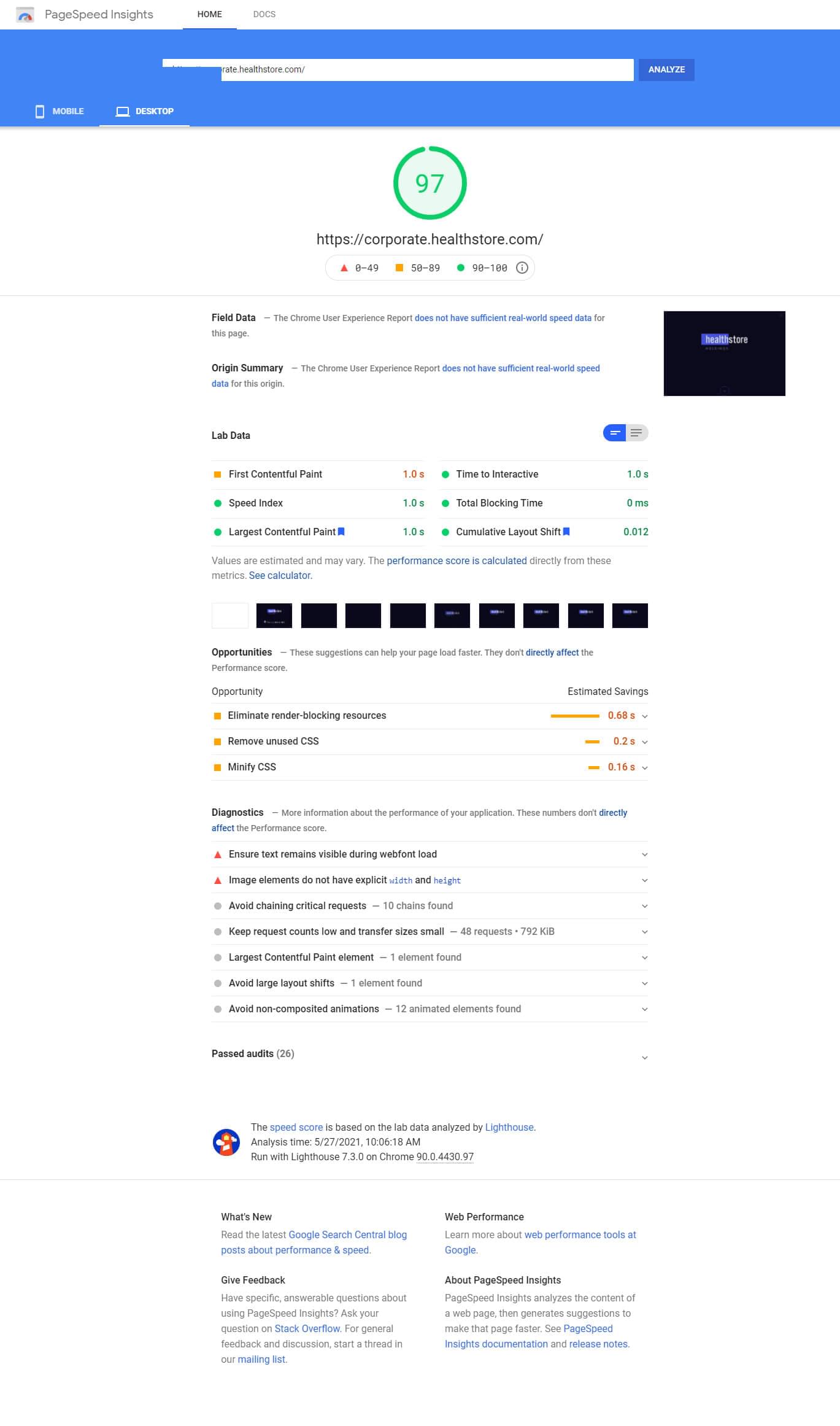 Google PageSpeed Insight Report